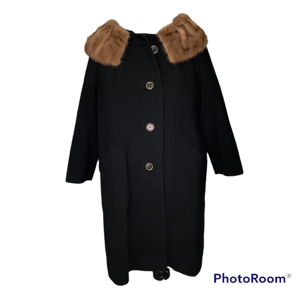 Vintage Modern Lady Mink Fur Collar Black Coat Jacket